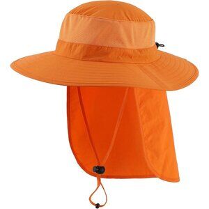 Unisex Orange 100%Polyester Wide Brim Mesh Vent Neck Flap Adjustable Fishing Hat